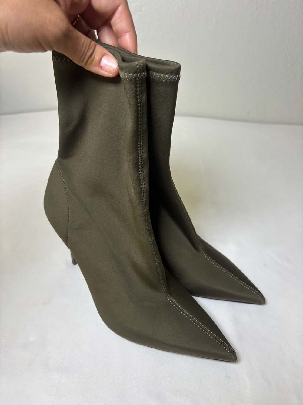 Zara Heeled Boots Size 38 Khaki Green Sock Boot Pointed Toe Stiletto